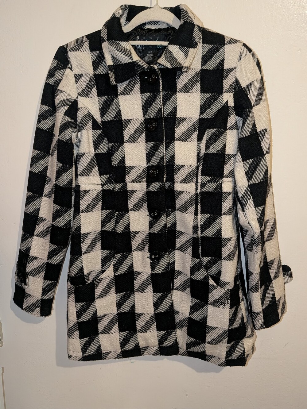 Ezekiel Black and White Buffalo Check Pea Coat Size S